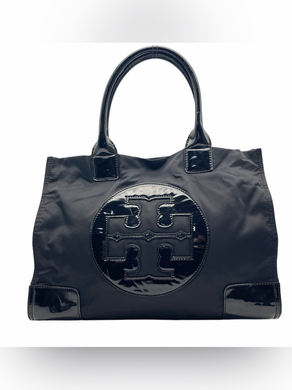 Tory Burch Ella  Black Patent Logo Large Nylon Tote